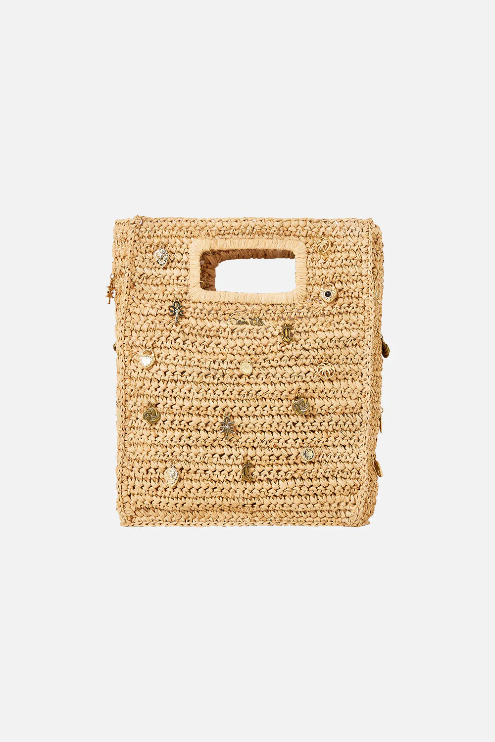 RAFFIA MINI NORTH SOUTH TOTE WITH CHARMS - NATURAL