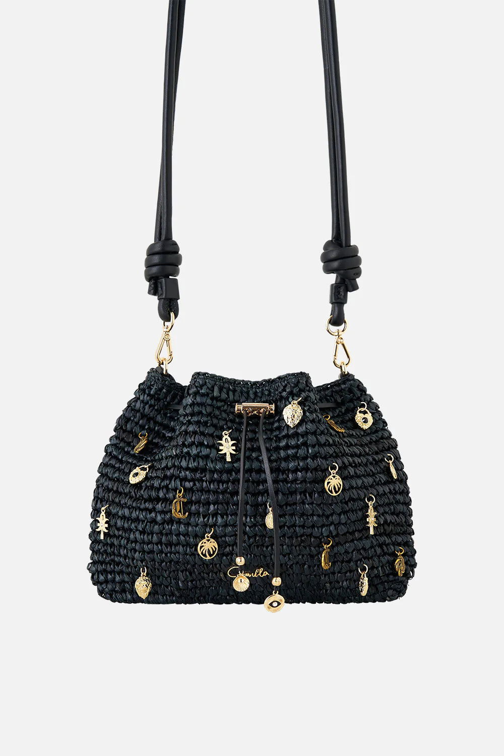 RAFFIA POUCH BAG WITH CHARMS - BLACK