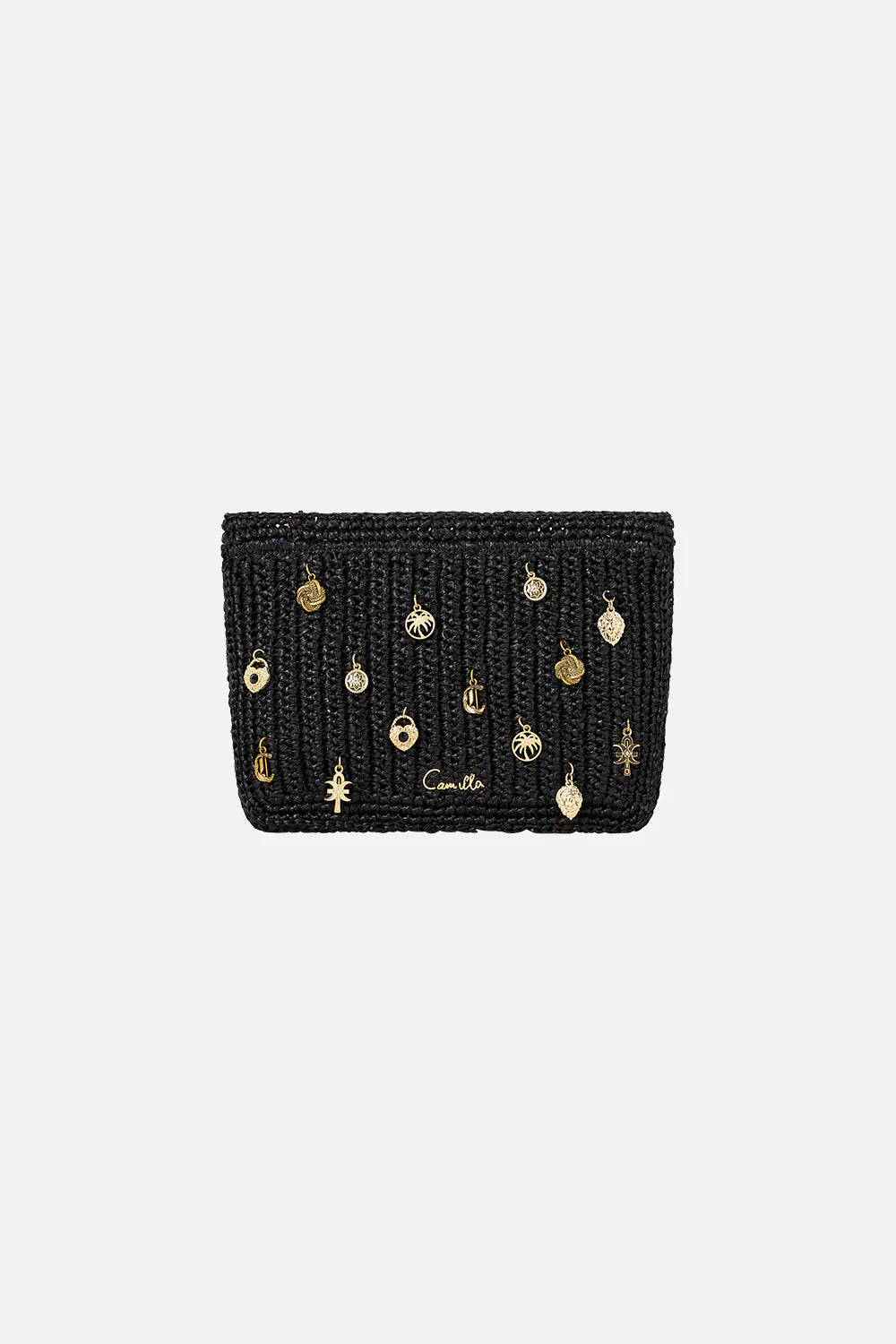RAFFIA CLUTCH WITH CHARMS - BLACK