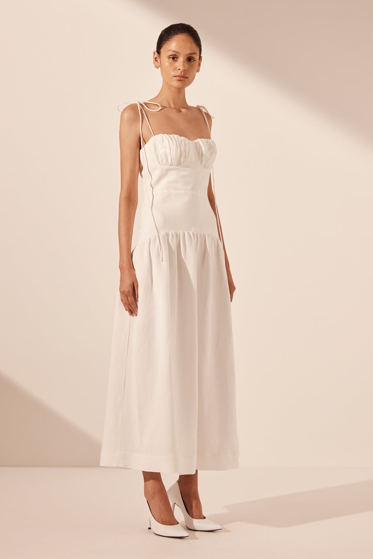 blanc gathered midi dress