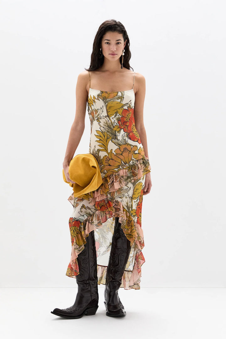Estella Ruffle Maxi Dress - Aliera Floral Ivory
