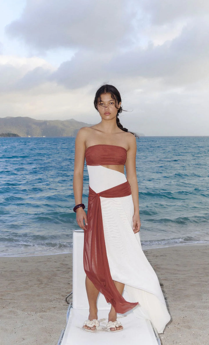 ayla strapless dress - rust/buttercream