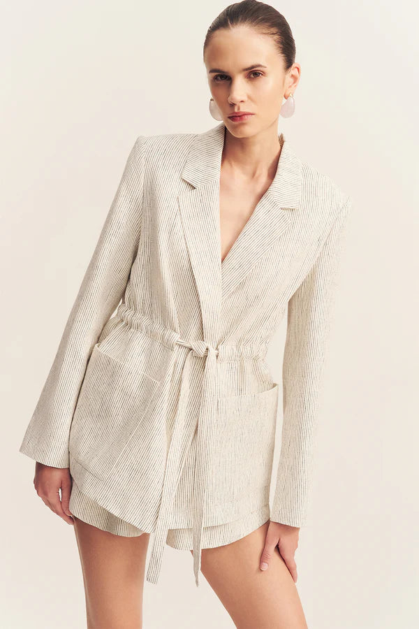 ALTO OVERSIZED BELTED BLAZER - WHITE PINSTRIPE
