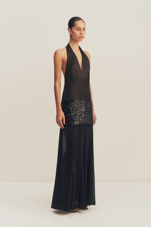 BIANCA HALTER PLUNGE MAXI DRESS