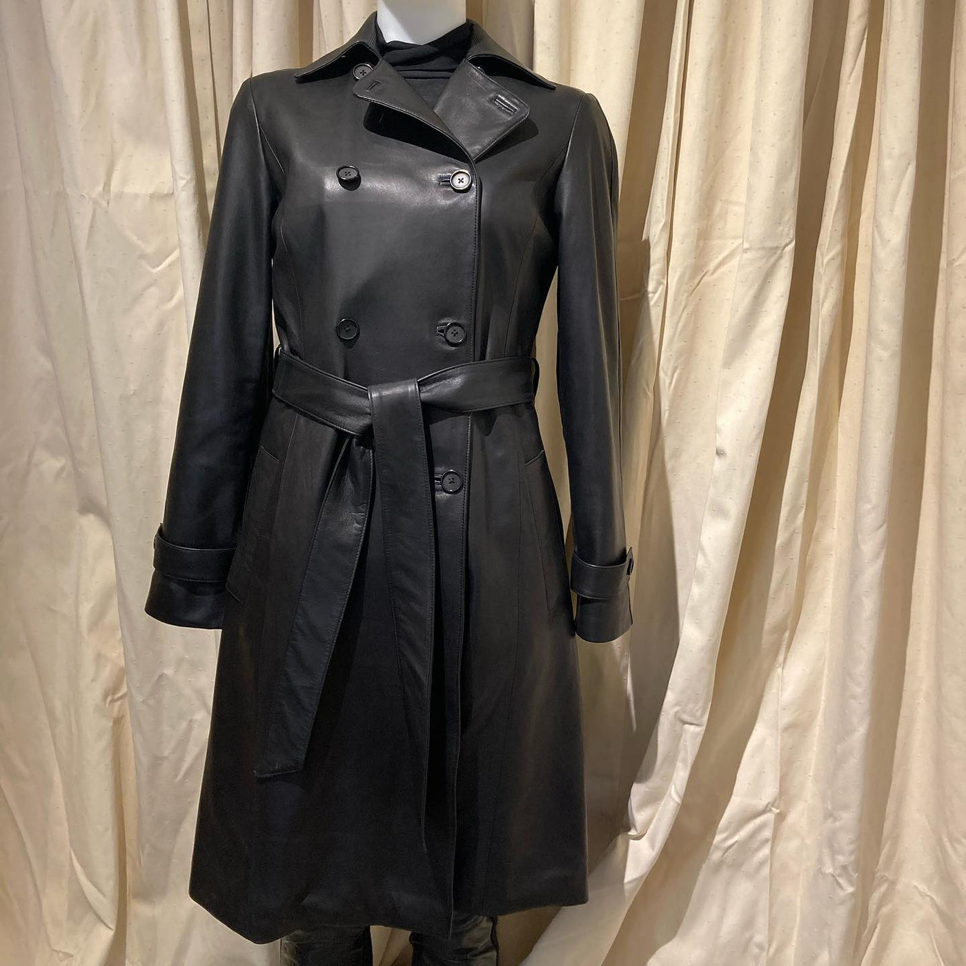 Double Breasted Lamb Skin Trench Coat - Black
