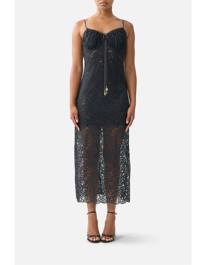 Lace Gathered Bodice Slip Dress - Black