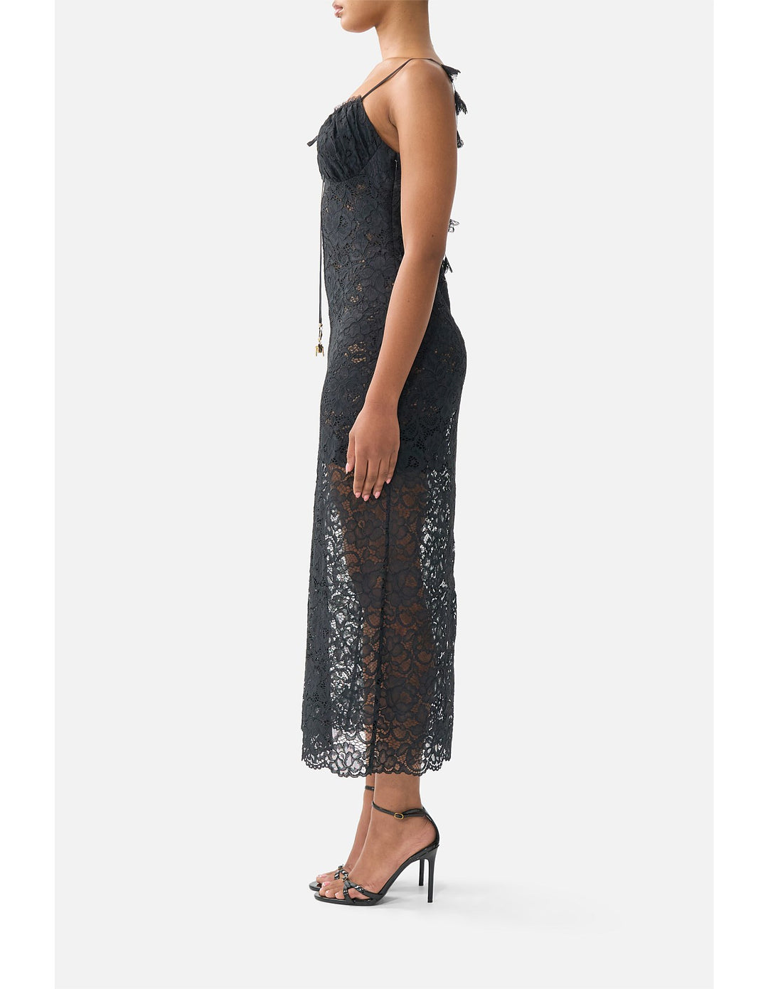 Lace Gathered Bodice Slip Dress - Black