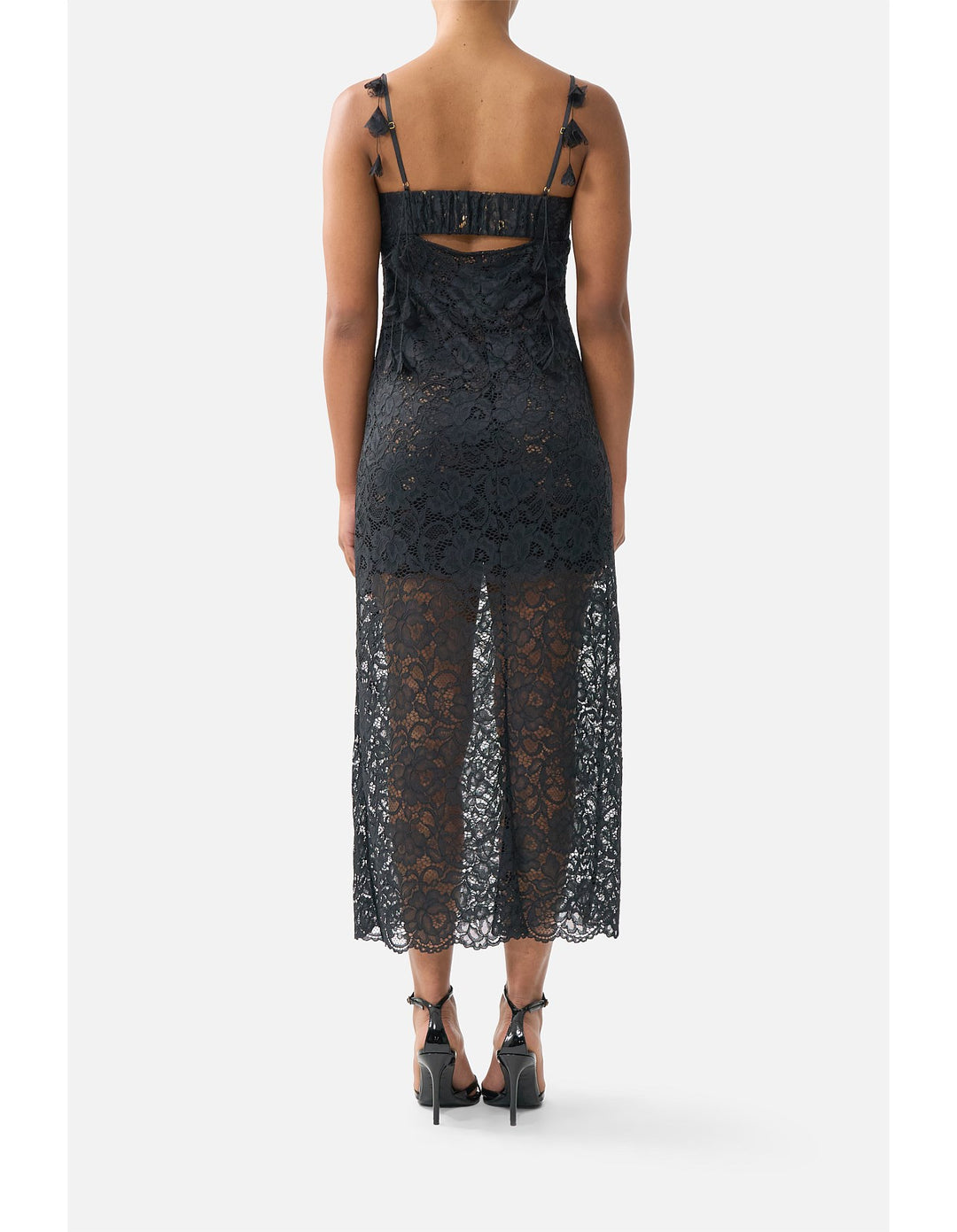 Lace Gathered Bodice Slip Dress - Black