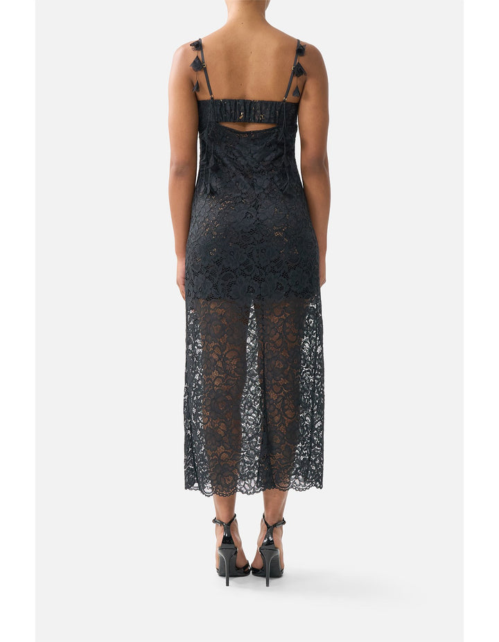 Lace Gathered Bodice Slip Dress - Black