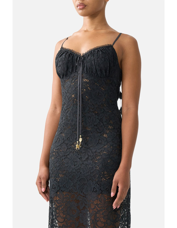 Lace Gathered Bodice Slip Dress - Black