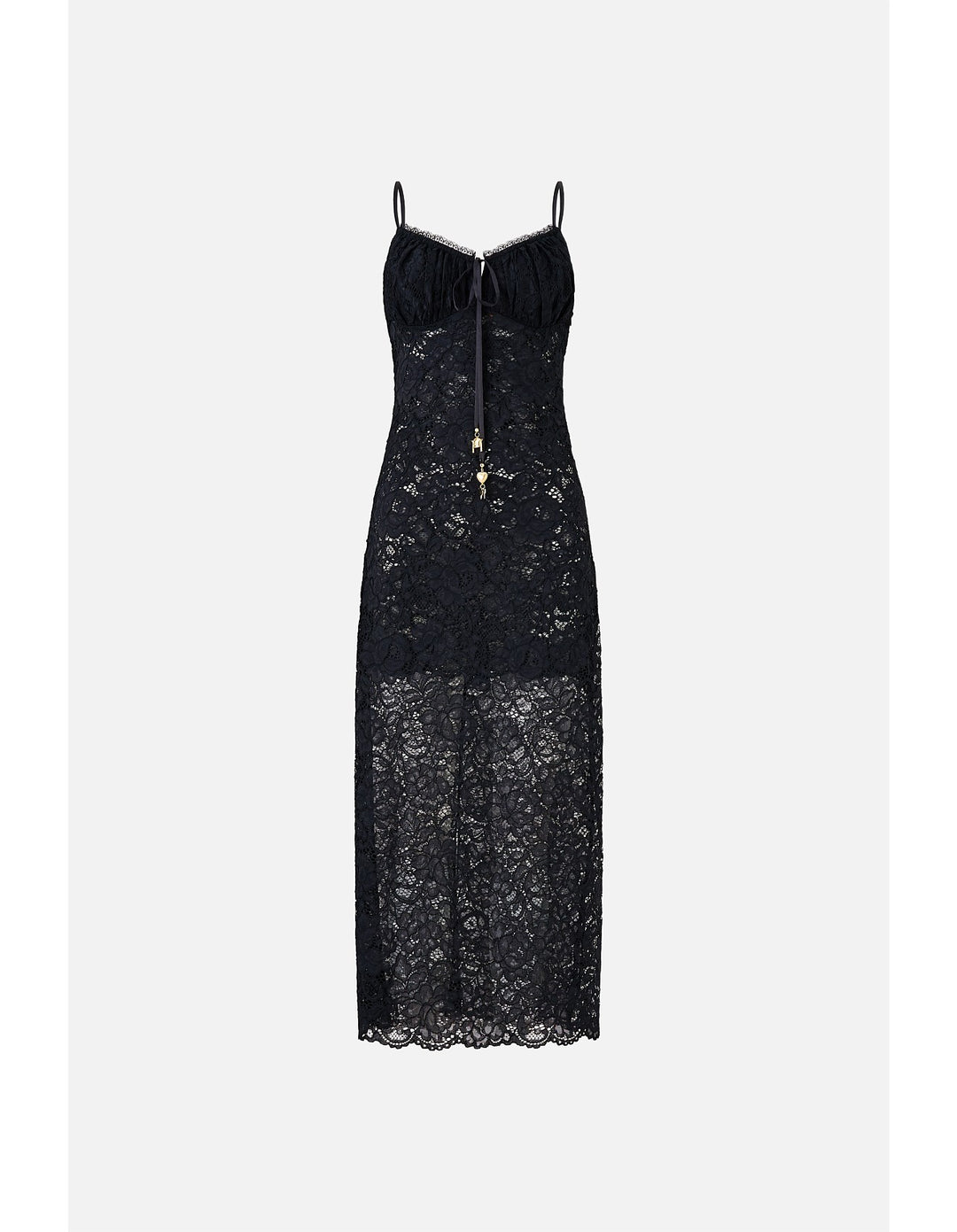 Lace Gathered Bodice Slip Dress - Black