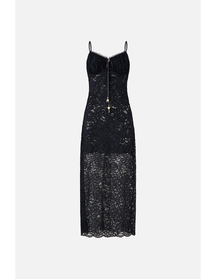 Lace Gathered Bodice Slip Dress - Black