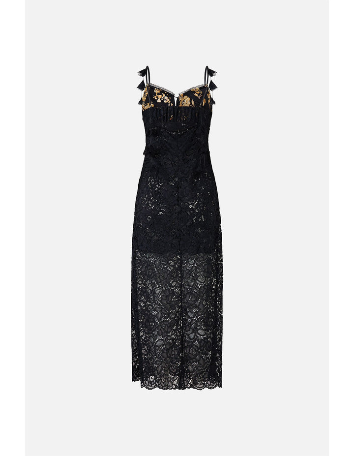 Lace Gathered Bodice Slip Dress - Black