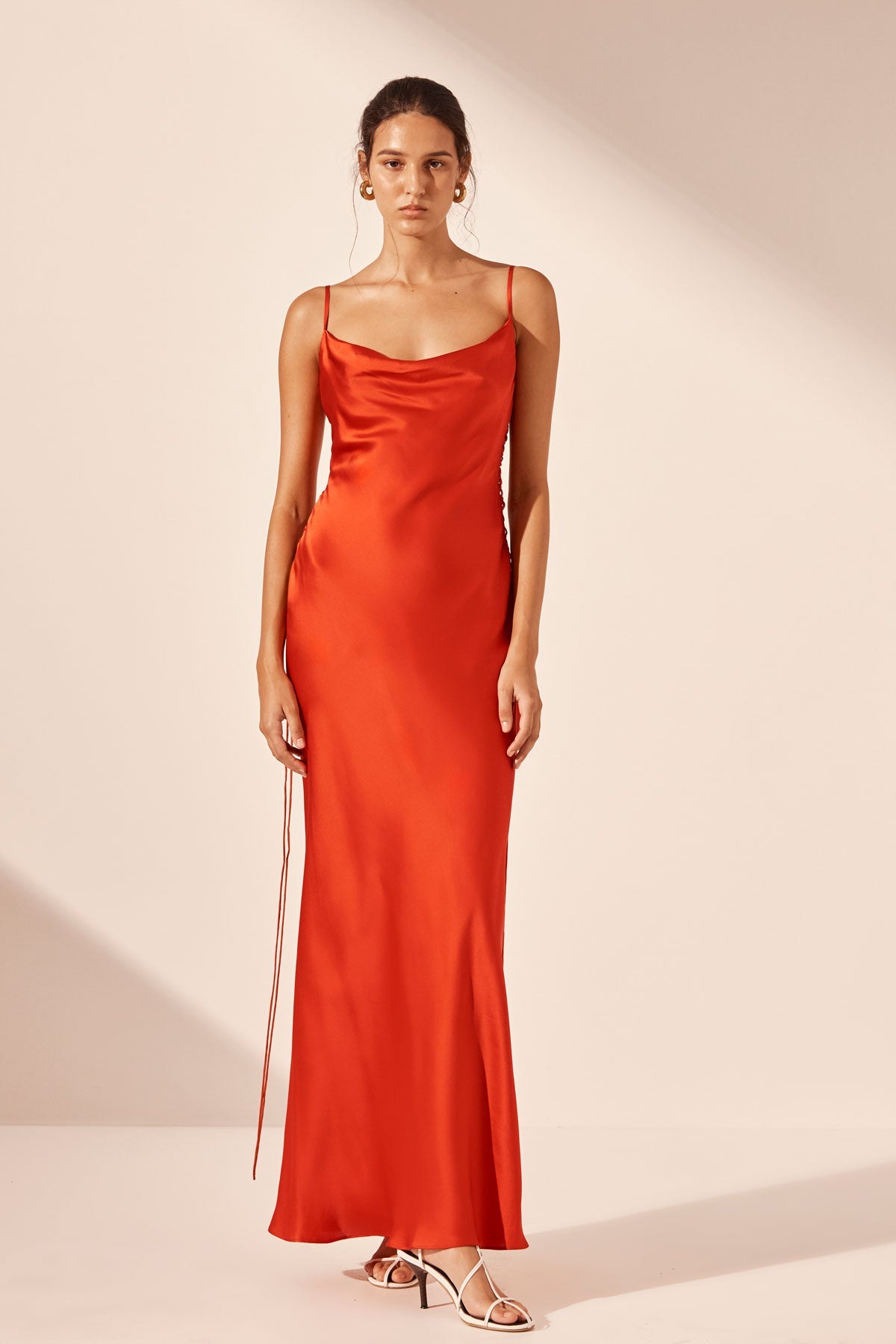 Silk Lace Up Maxi Dress - Chilli Red