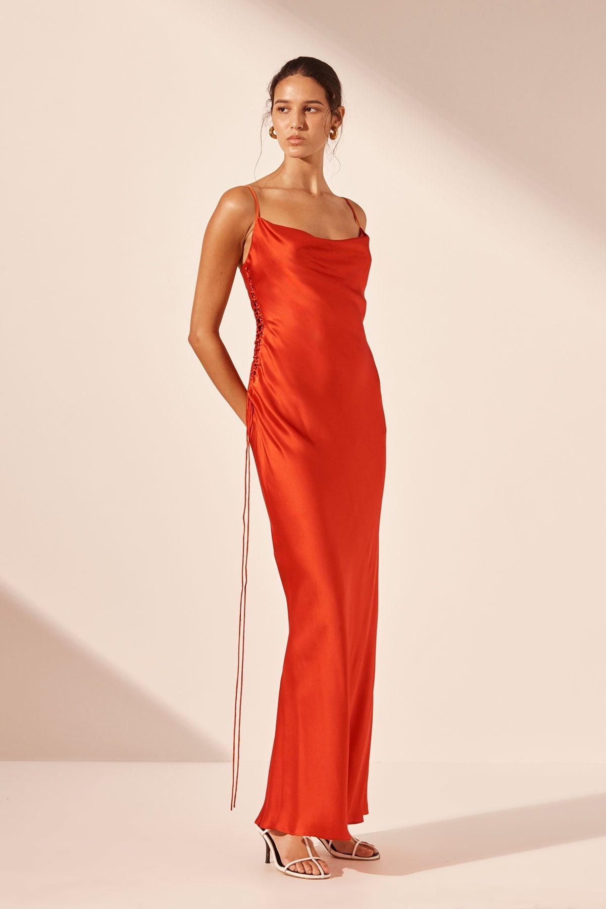 Silk Lace Up Maxi Dress - Chilli Red