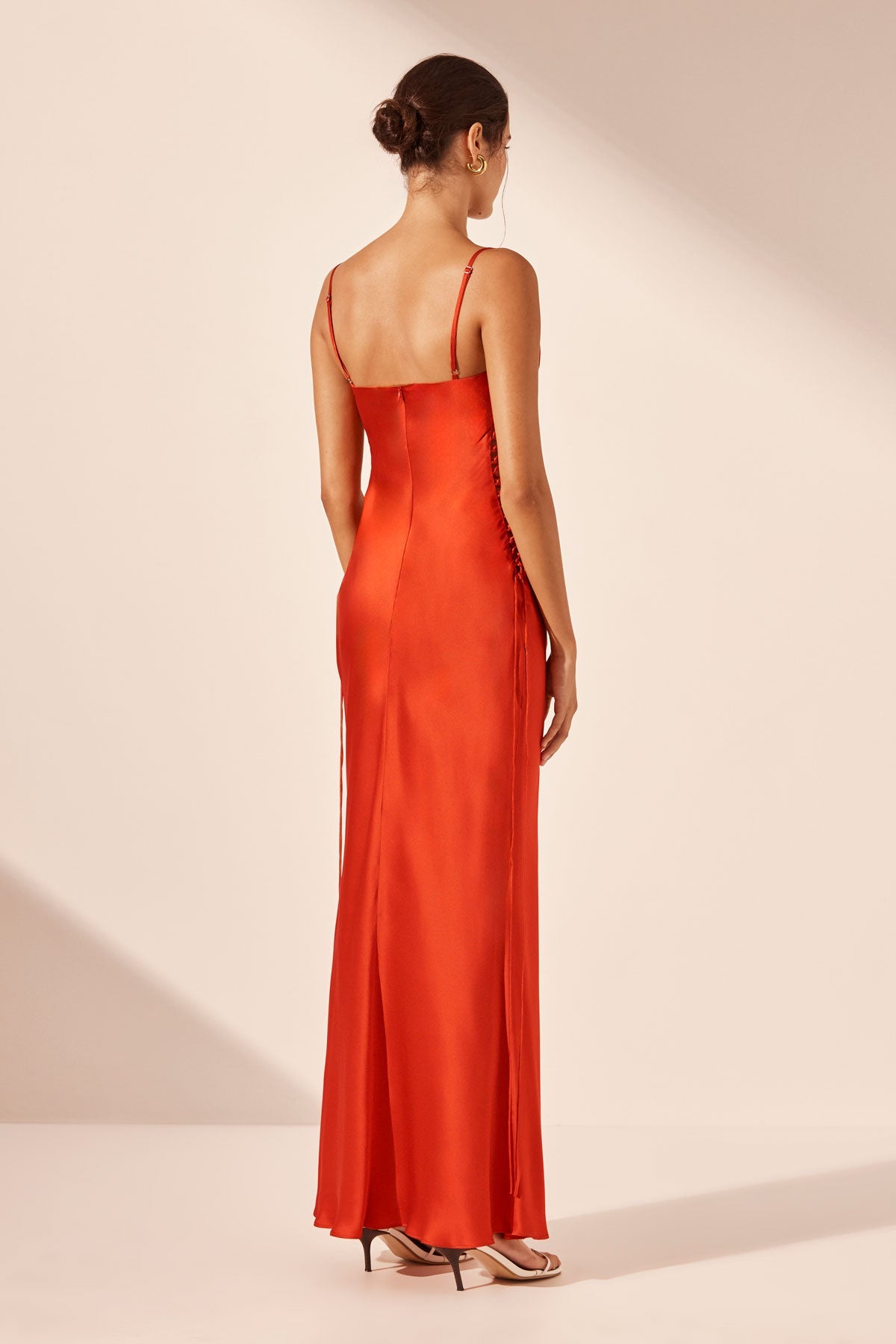 Silk Lace Up Maxi Dress - Chilli Red