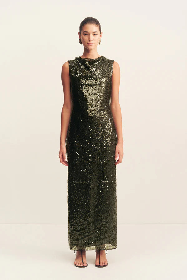 OLYMPIA HIGH NECK MAXI DRESS - SEAWEED