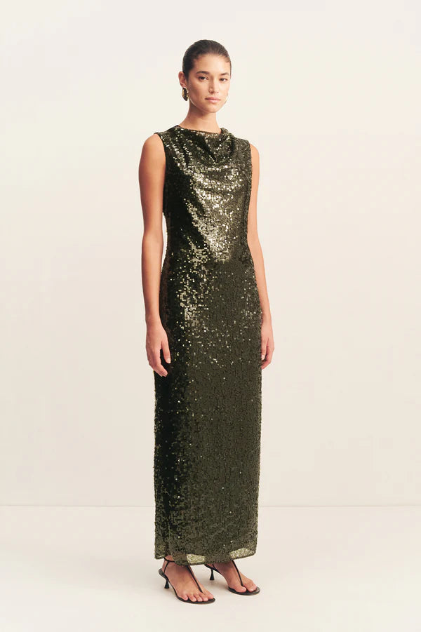 OLYMPIA HIGH NECK MAXI DRESS - SEAWEED