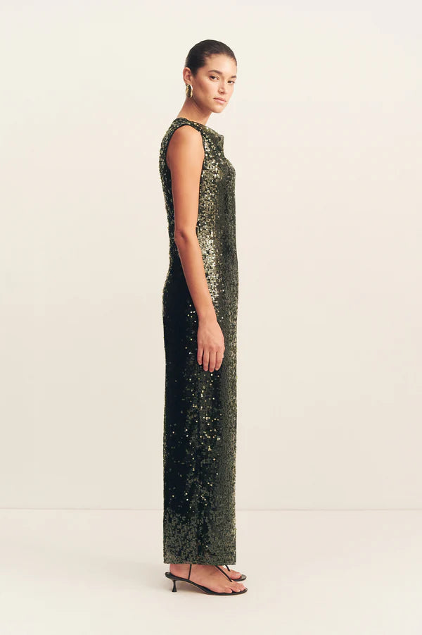 OLYMPIA HIGH NECK MAXI DRESS - SEAWEED