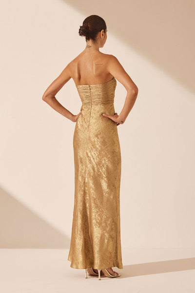 ROYALE STRAPLESS LACE UP MAXI DRESS - ROYALE GOLD