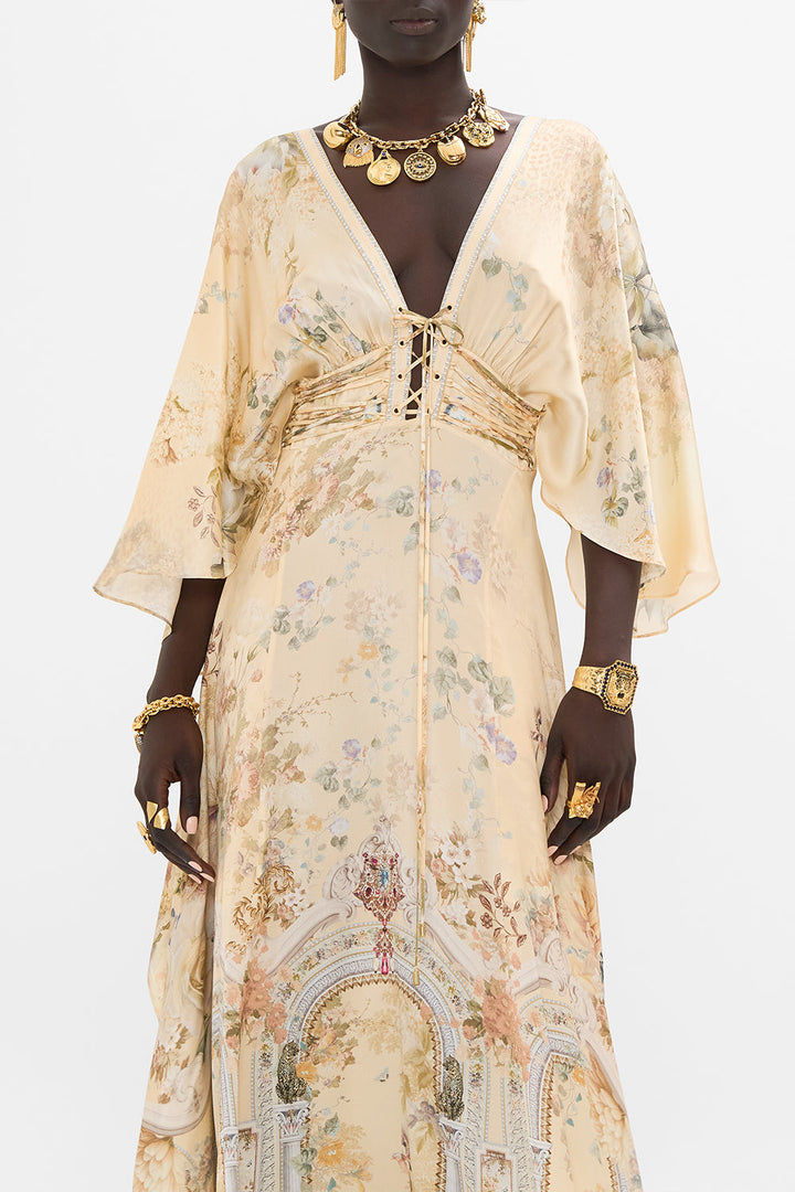 V Neck Lace Up Detail Long Dress - Adorned In Antiquity