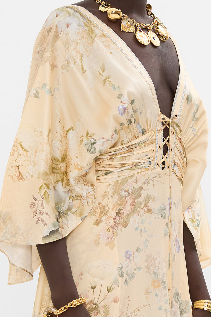 V Neck Lace Up Detail Long Dress - Adorned In Antiquity