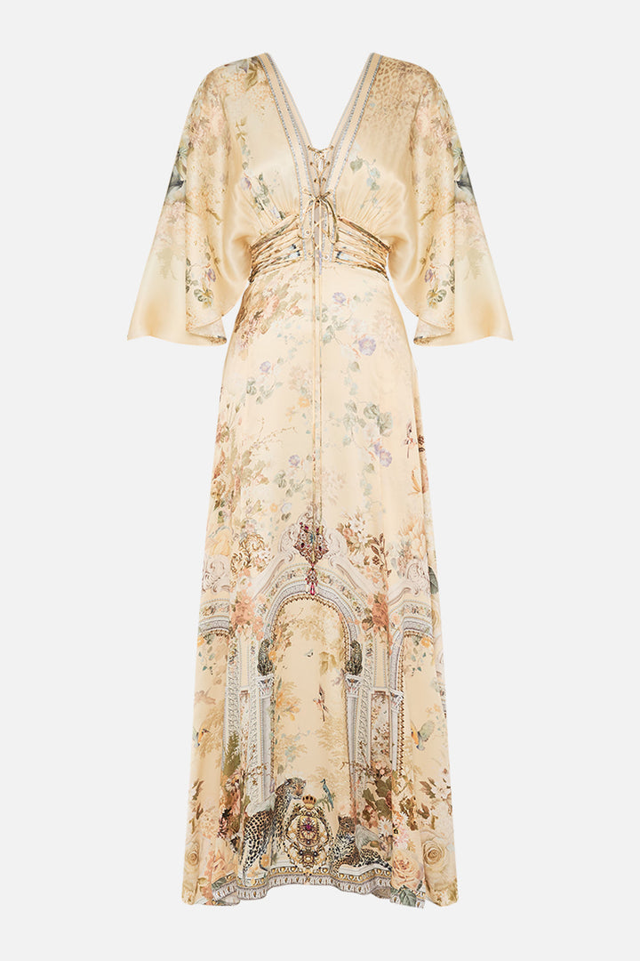 V Neck Lace Up Detail Long Dress - Adorned In Antiquity