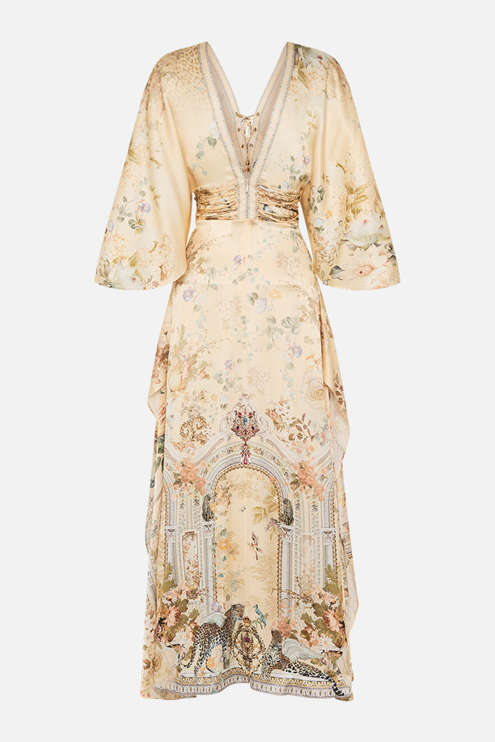 V Neck Lace Up Detail Long Dress - Adorned In Antiquity