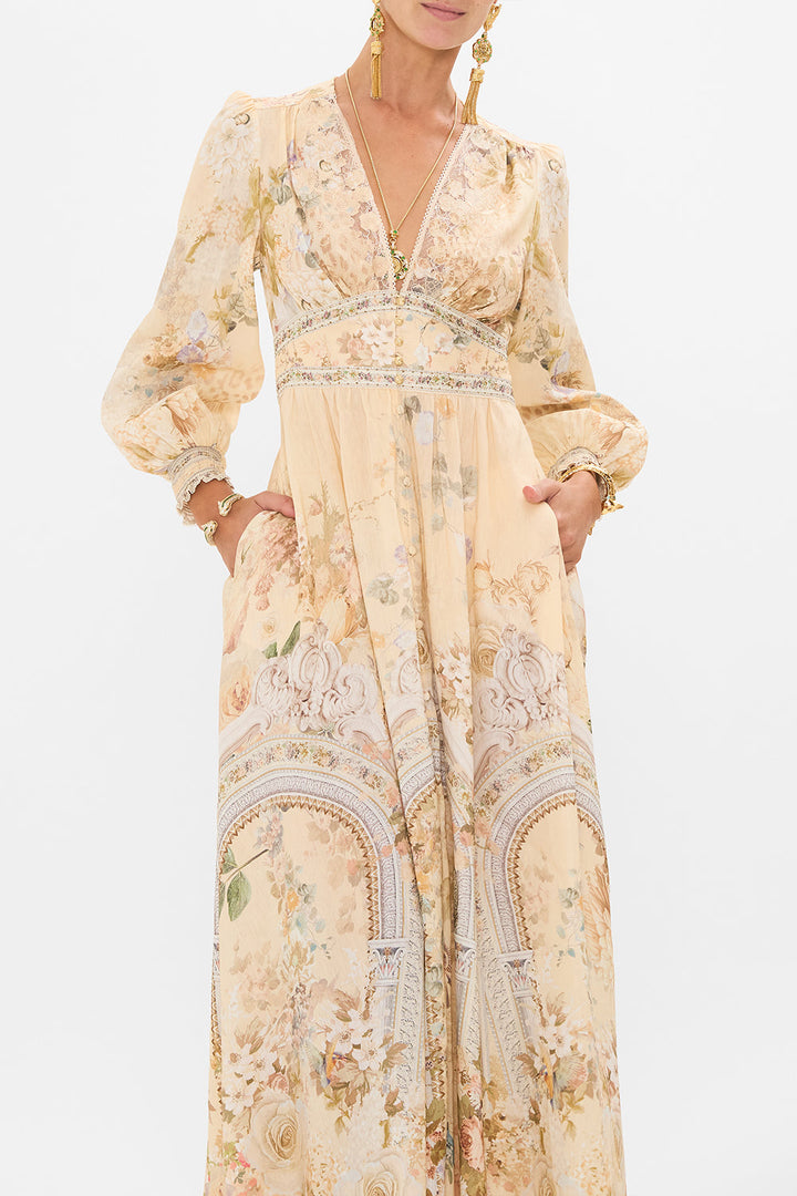 V Neck Lace Up Detail Long Dress - Adorned In Antiquity
