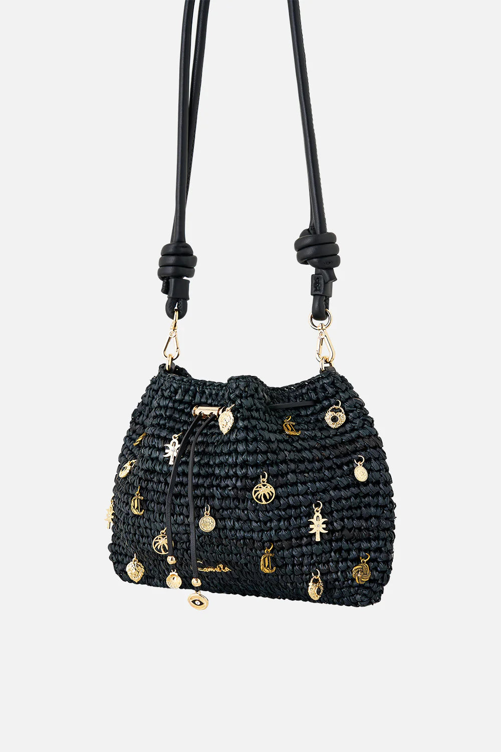 RAFFIA POUCH BAG WITH CHARMS - BLACK