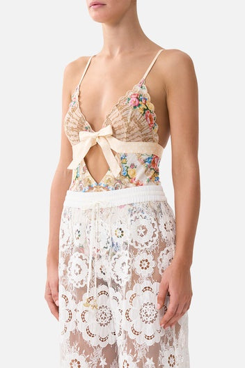 scalloped edge tri bodysuit with bow front - I left my heart in granada