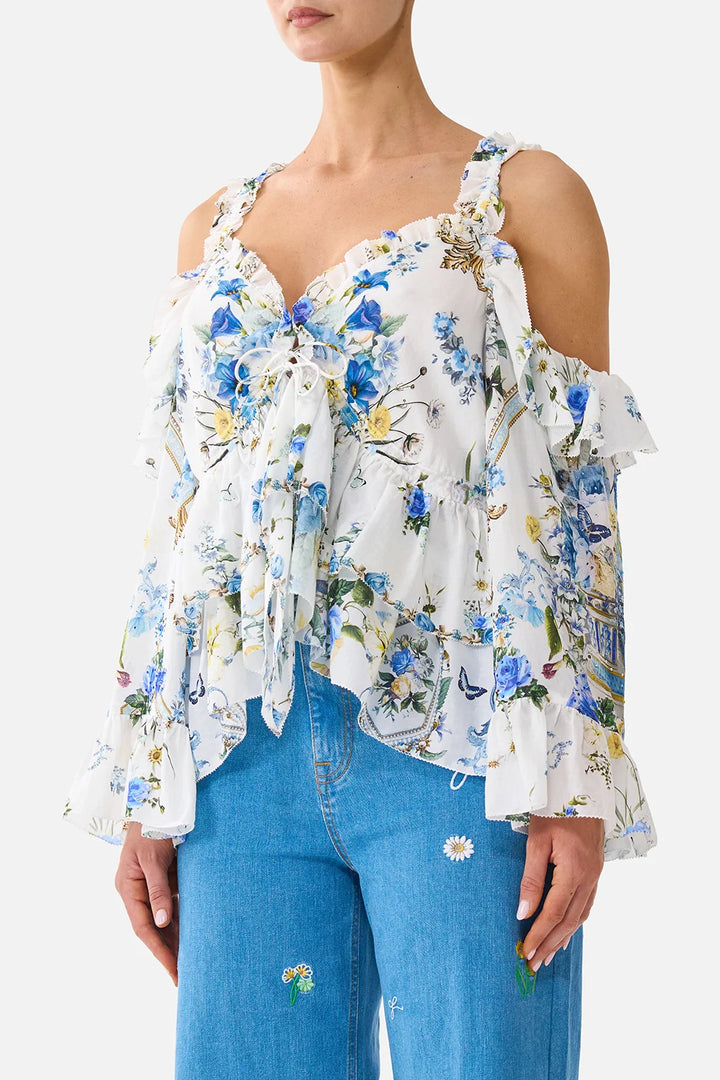 COLD SHOULDER RUFFLE TOP - DANDELION SKIES