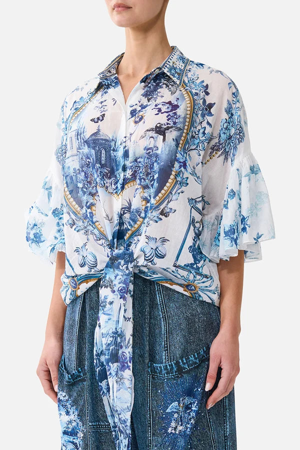Tie Front Shirt With Sleeve Frill - The Porcelain Parlour