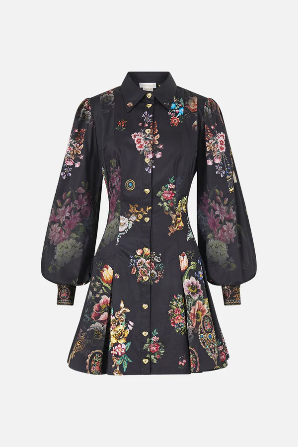 SHORT  BUTTON FRONT SHIRRED DRESS - NIGHT GARDEN