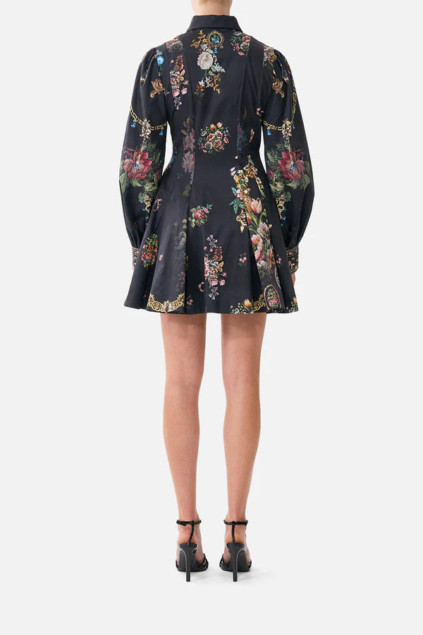 SHORT  BUTTON FRONT SHIRRED DRESS - NIGHT GARDEN