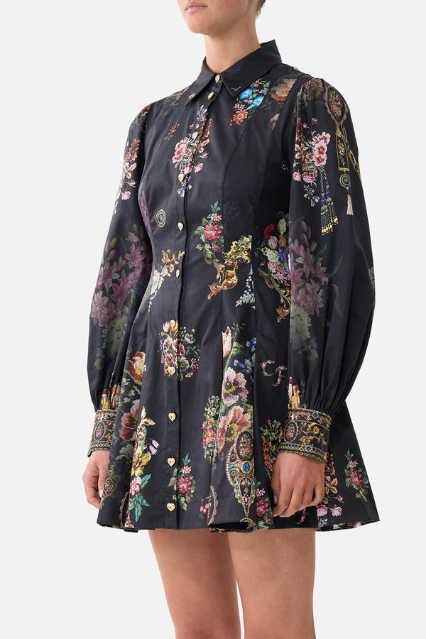 SHORT  BUTTON FRONT SHIRRED DRESS - NIGHT GARDEN