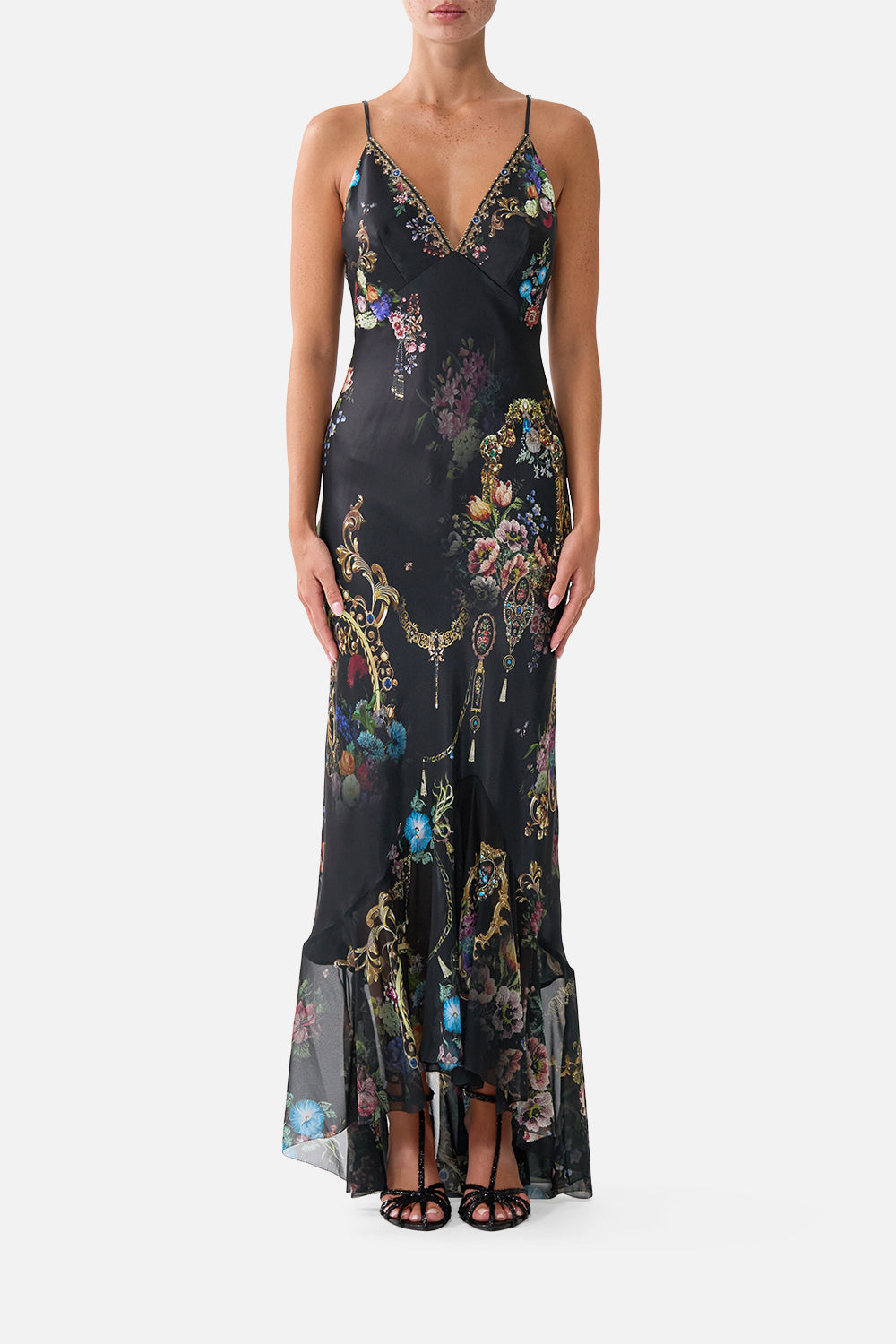 V NECK SLIP DRESS WITH FLOUNCE HEM - NIGHT GARDEN