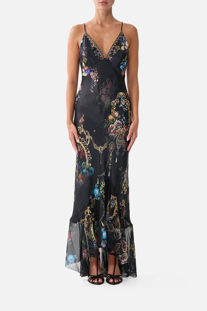 V NECK SLIP DRESS WITH FLOUNCE HEM - NIGHT GARDEN