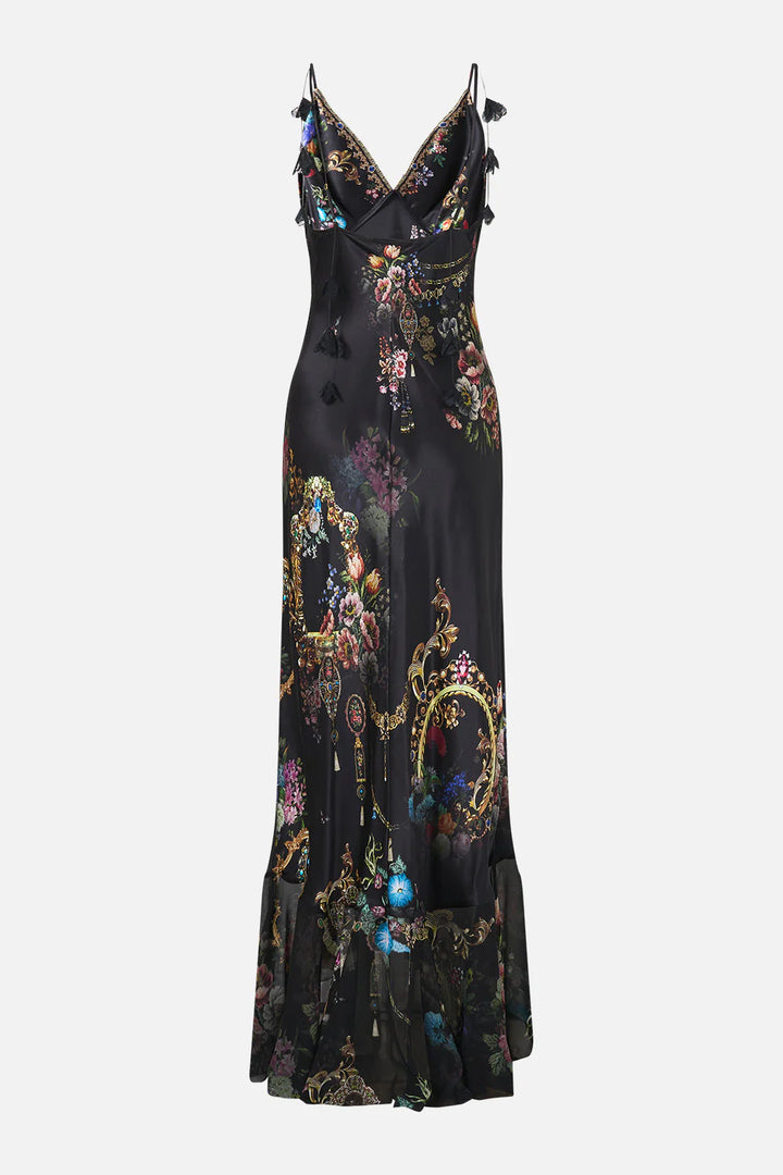 V NECK SLIP DRESS WITH FLOUNCE HEM - NIGHT GARDEN