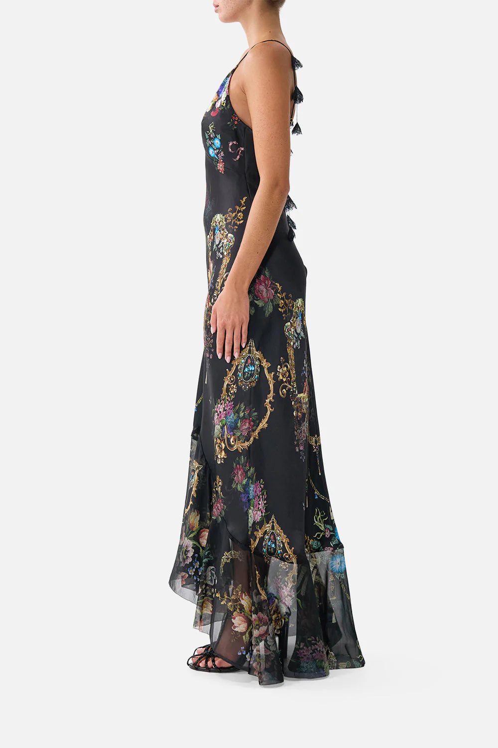 V NECK SLIP DRESS WITH FLOUNCE HEM - NIGHT GARDEN