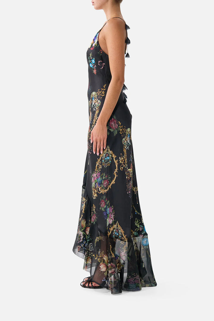 V NECK SLIP DRESS WITH FLOUNCE HEM - NIGHT GARDEN