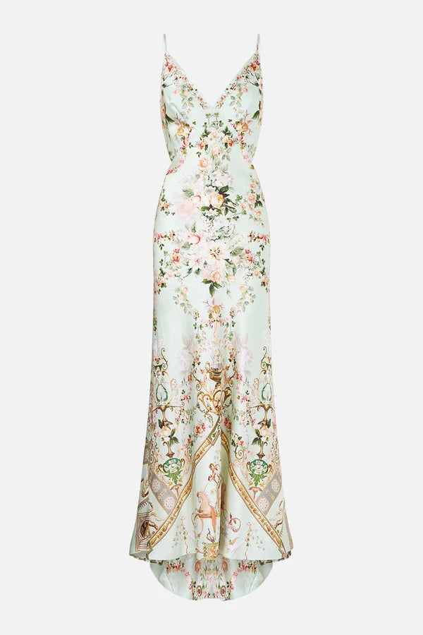 V NECK BIAS SLIP DRESS WITH BACK FRILL - WILDFLOWER WUNDERLAND