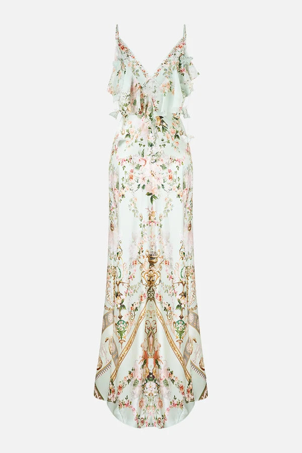 V NECK BIAS SLIP DRESS WITH BACK FRILL - WILDFLOWER WUNDERLAND