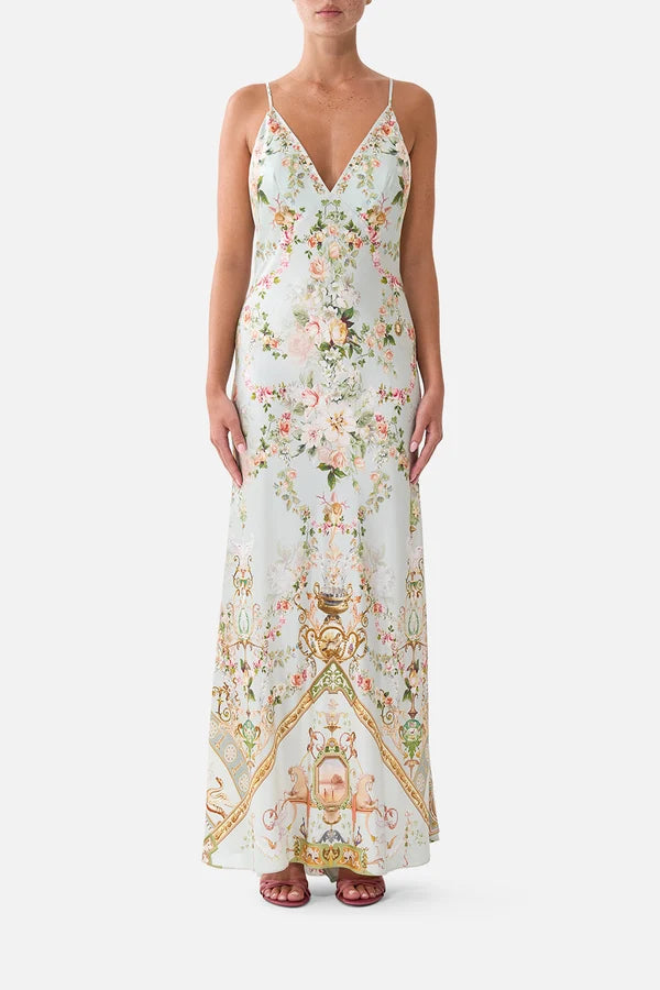 V NECK BIAS SLIP DRESS WITH BACK FRILL - WILDFLOWER WUNDERLAND
