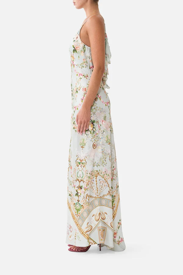 V NECK BIAS SLIP DRESS WITH BACK FRILL - WILDFLOWER WUNDERLAND