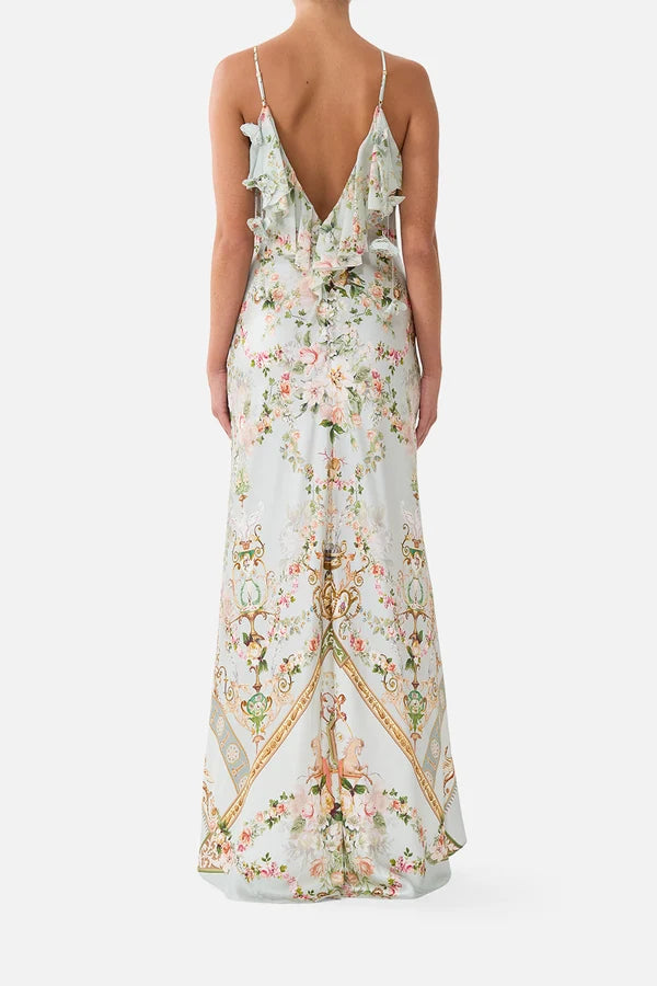 V NECK BIAS SLIP DRESS WITH BACK FRILL - WILDFLOWER WUNDERLAND