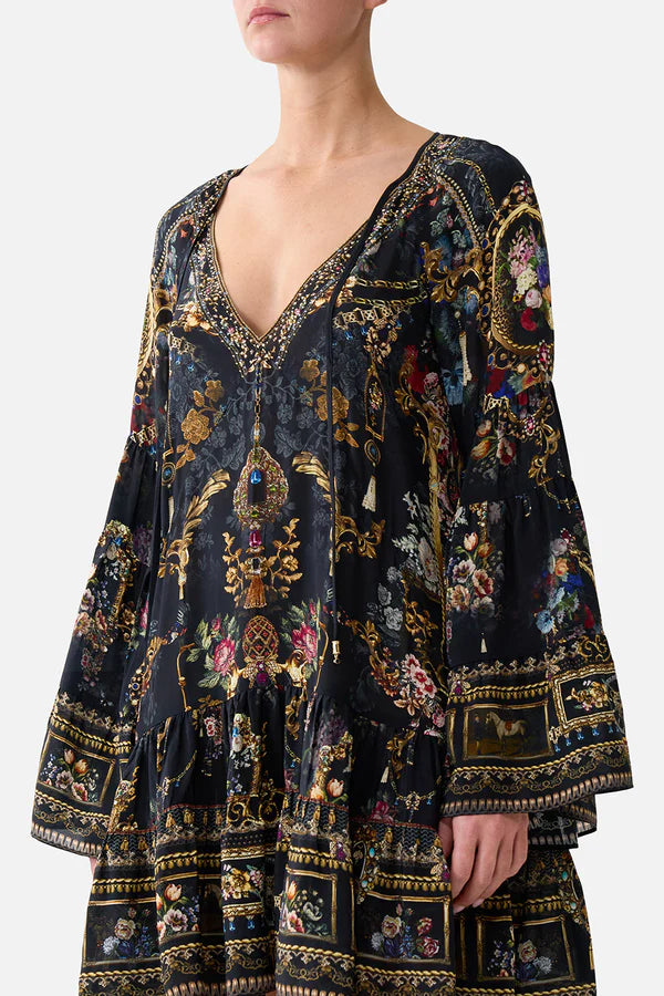 A-LINE GATHERED PANEL DRESS - night garden