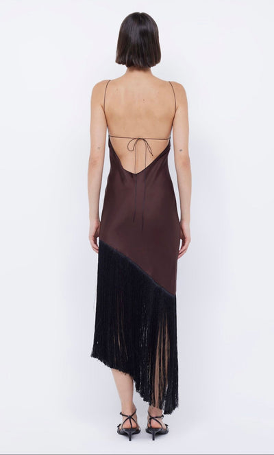 Sashay Asym Fringe Dress - Choc/ Black