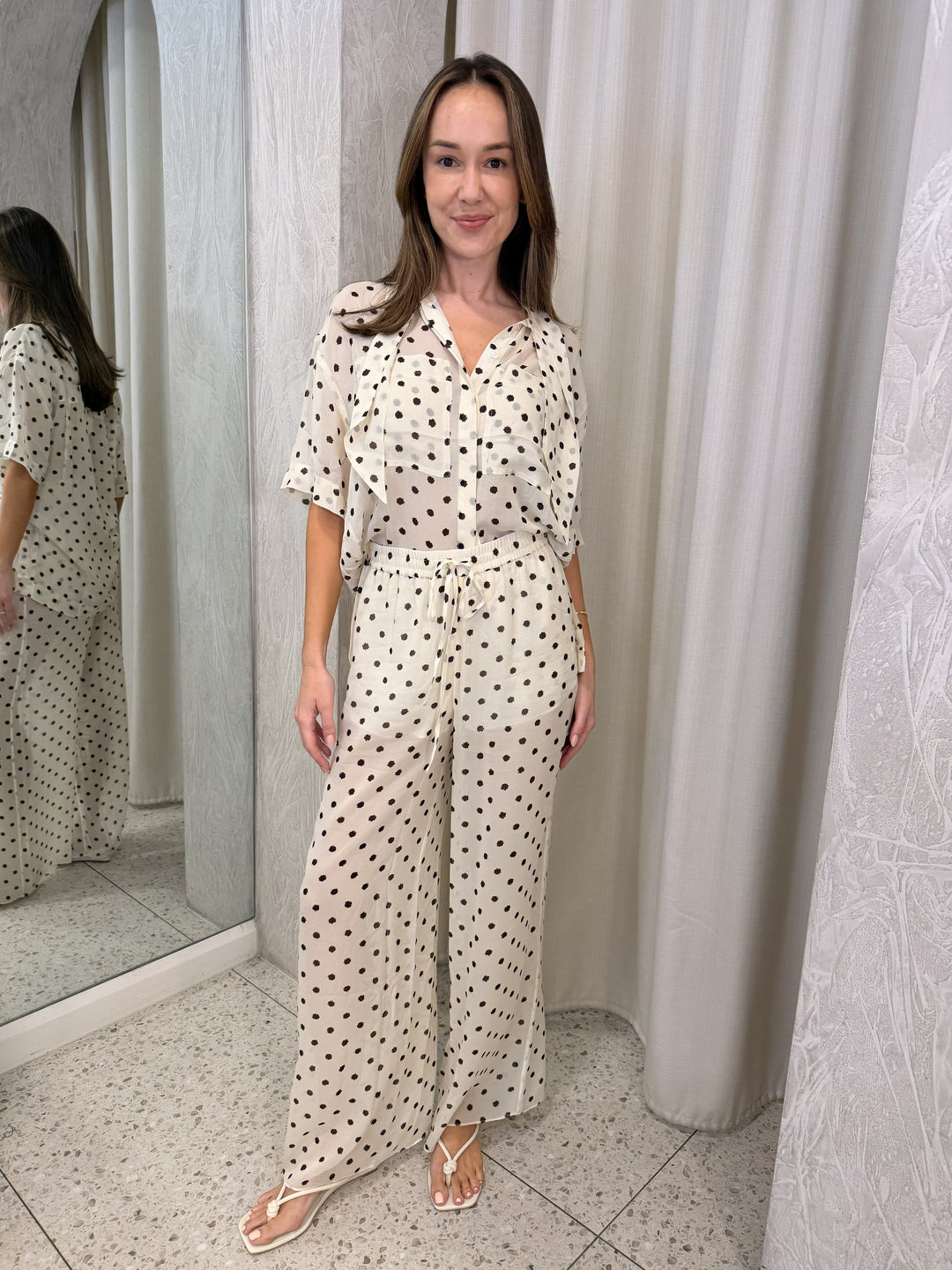 HOUSTON SIDE SPLIT SHORT SLEEVE SHIRT - BLANC POLKA