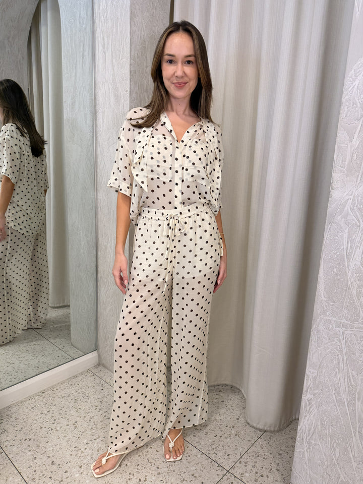 HOUSTON SIDE SPLIT SHORT SLEEVE SHIRT - BLANC POLKA